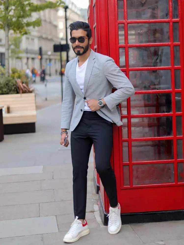 Grey Blazer Crewneck tshirt and trousers combination 