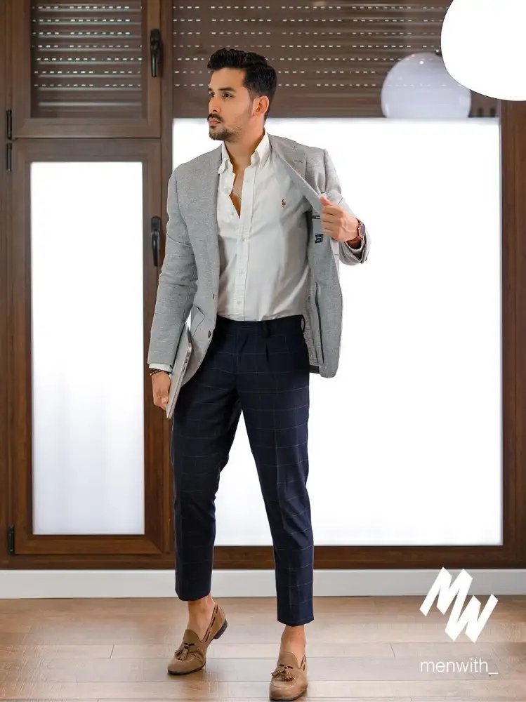 White shirt with blazer and Navy-blue pants
