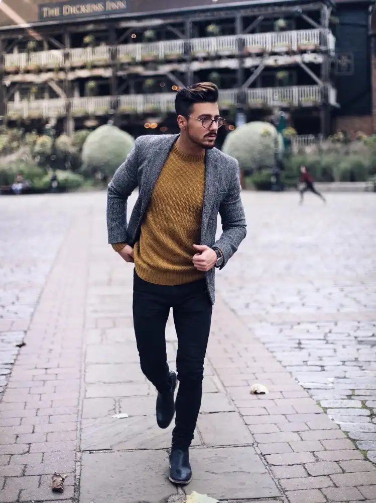 Jeans, sweaters with grey blazer outfit combination 
