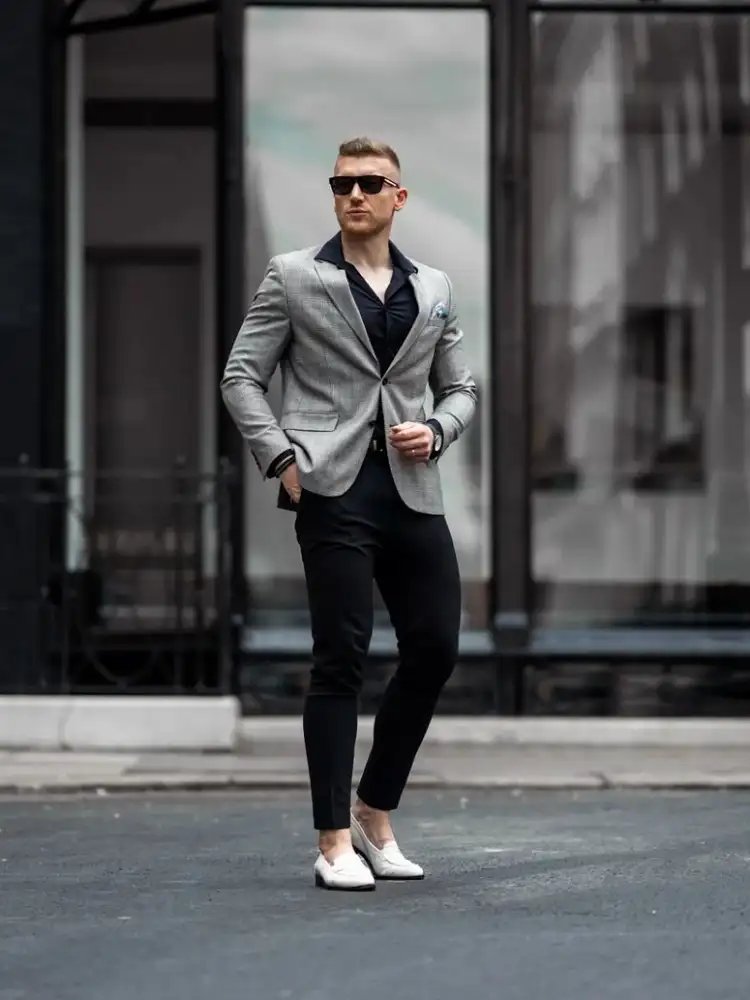 Black Shirt and Black Trousers With Grey Blazer