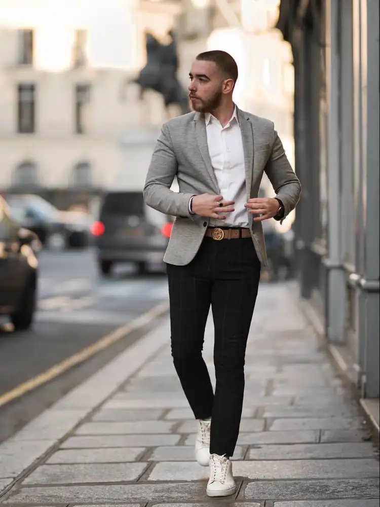 White Shirt, Black Trousers With Gray Blazer