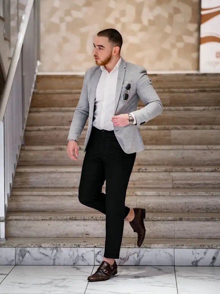 White Shirt, Black Trousers With Grey Blazer