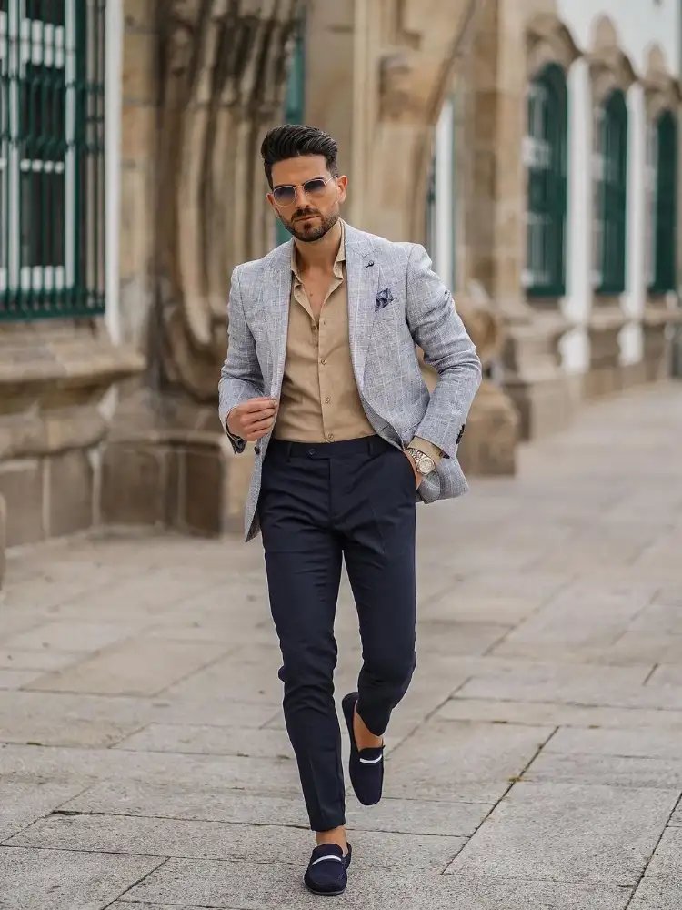 Khaki Shirt, Navy blue Pants with grey blazer combination 