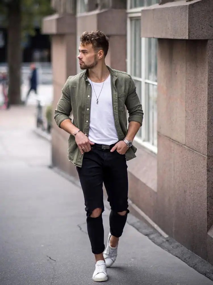 Green Open Shirt with T-shirt Combinations