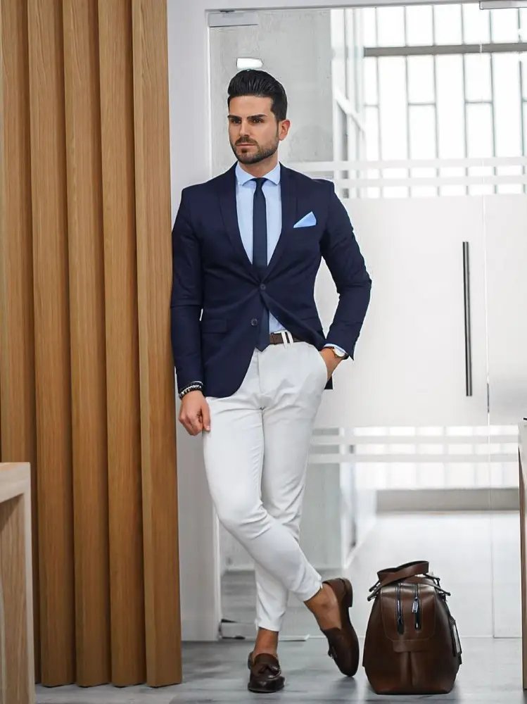 Navy Blue Blazer with Light Blue Shirt and Grey Pants 