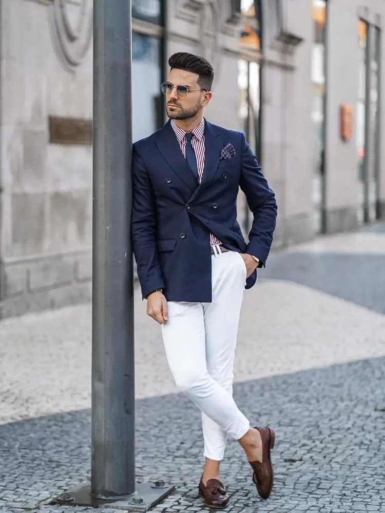 Navy Blue Blazer with Striped Shirt and White Pants