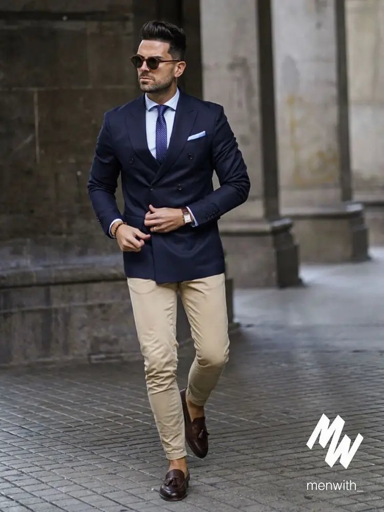 Navy Blue Blazer with Light Blue Shirt and Khaki Pants