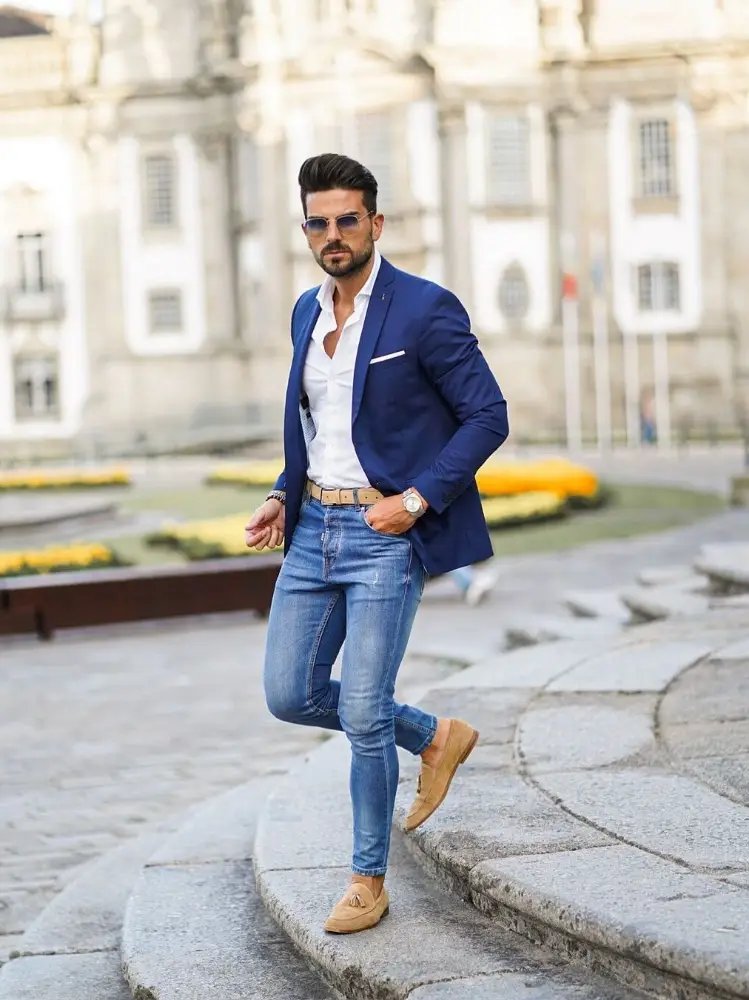 Navy Blue Blazer with White Shirt and Blue Jeans