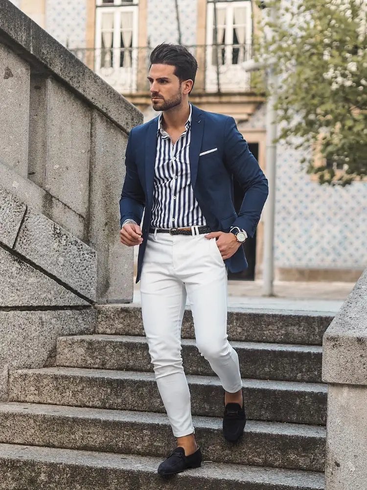 Navy Blue Blazer with Striped Shirt and White Pants