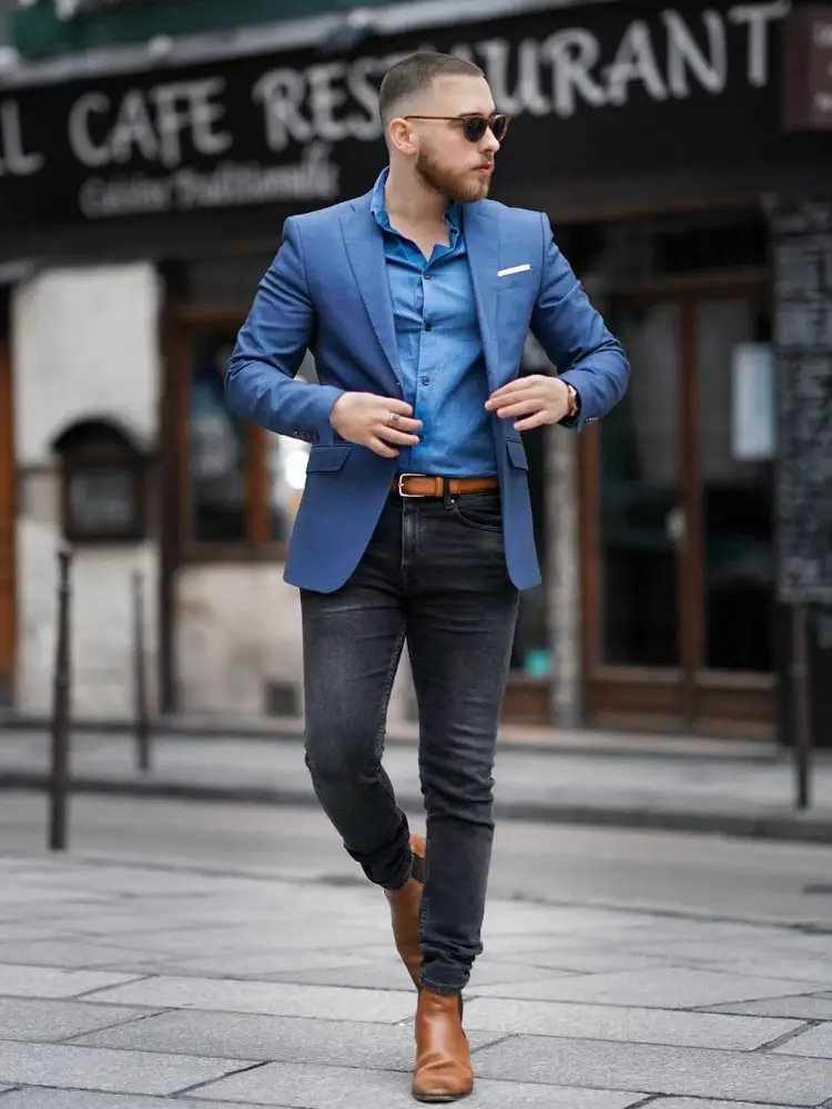 Navy Blue Blazer with Light Blue Shirt and Faded Black jeans