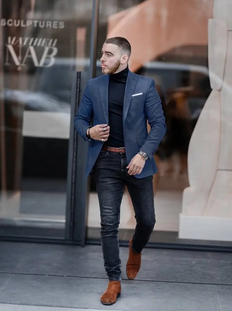 Navy Blue Blazer with Highneck and Pants Combination 