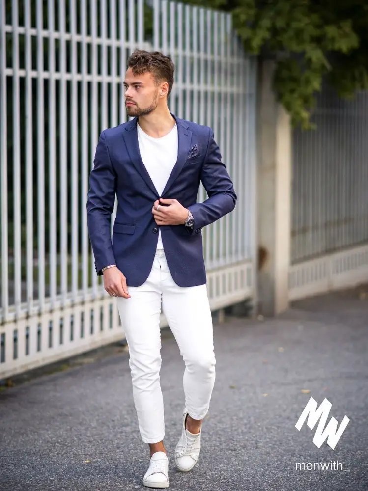 Navy Blue Blazer with White T-shirt and White Jeans 