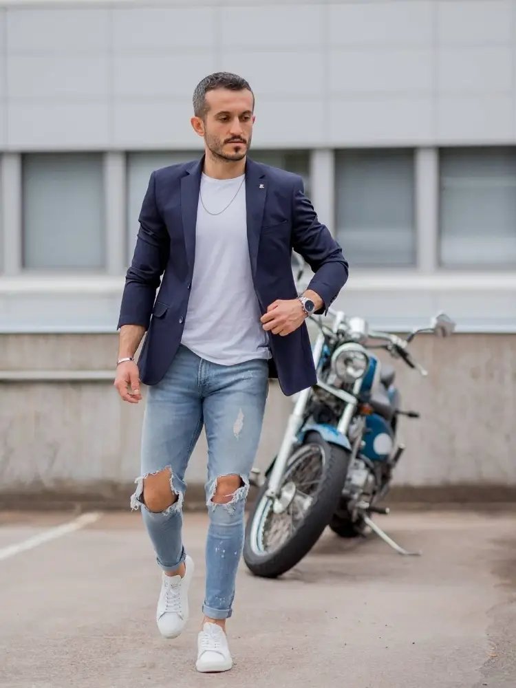 Navy Blue Blazer with White T-shirt and Blue Jeans