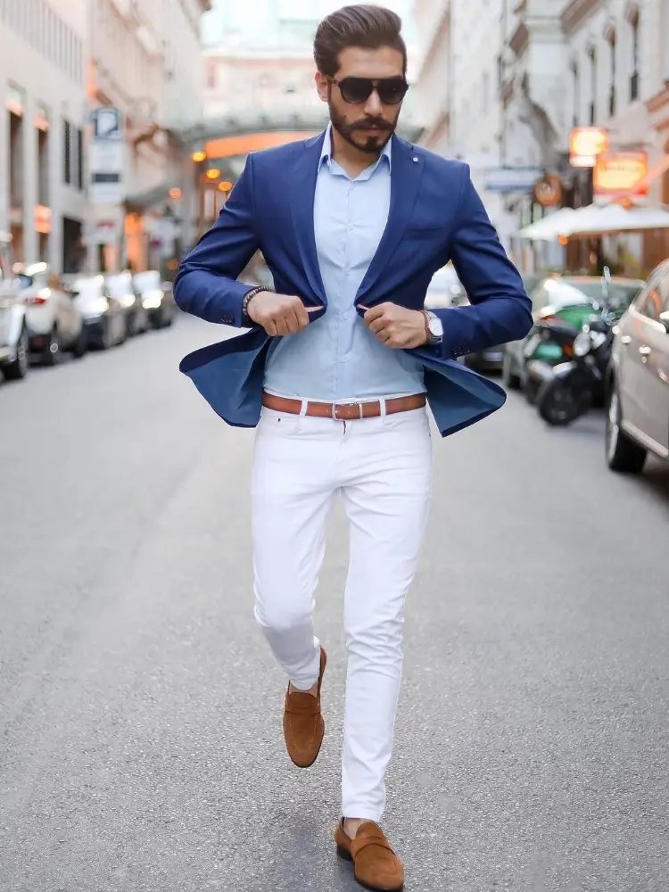 Navy Blue Blazer with Light Blue Shirt and White Pants 