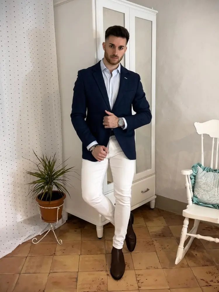 Navy Blue Blazer with White Shirt and Cream Color Pants 