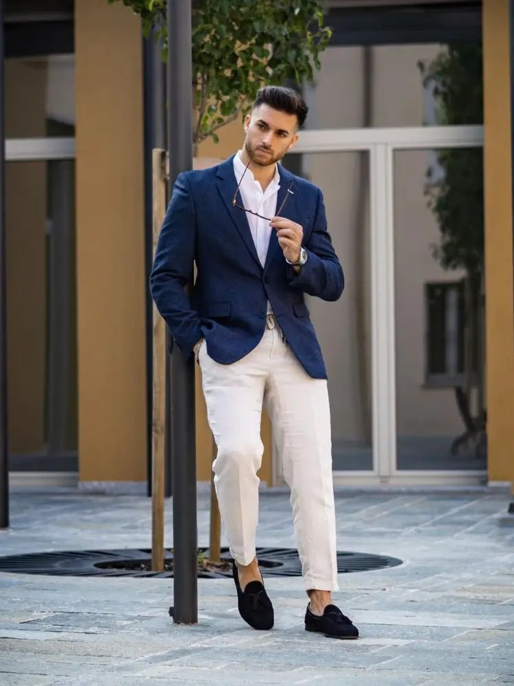 Navy Blue Blazer with White Shirt and White Color Pants 