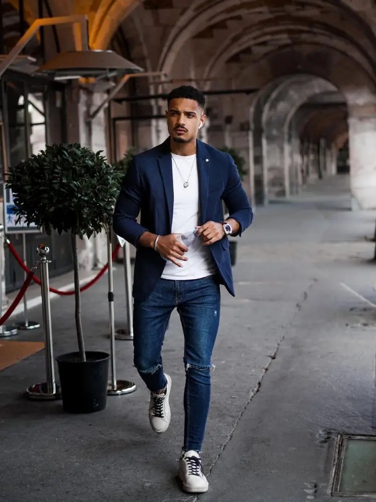 Navy Blue Blazer with White T-shirt and Blue Jeans