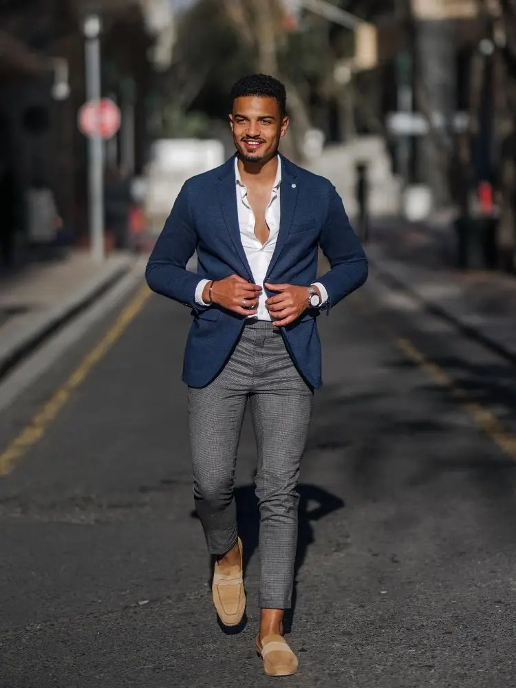 Navy Blue Blazer with White Shirt and Dark Grey Pants