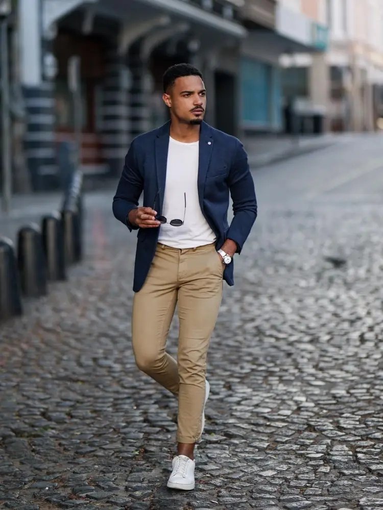 Navy Blue Blazer with White T-shirt and Khaki Chinos