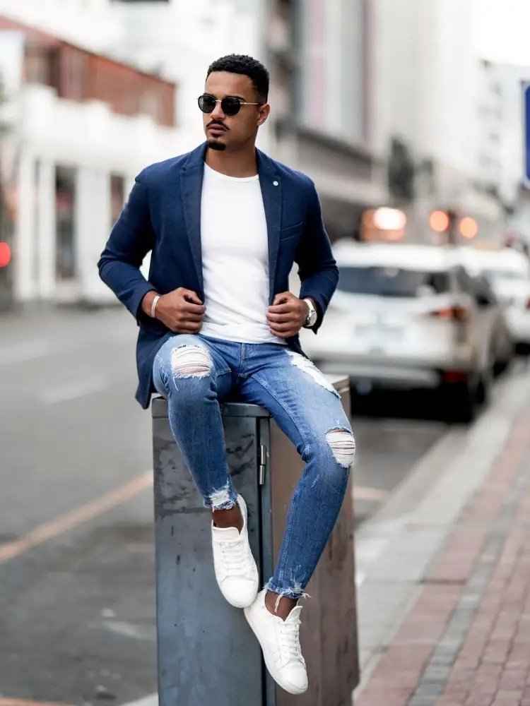 Navy Blue Blazer with White T-shirt and Blue Jeans