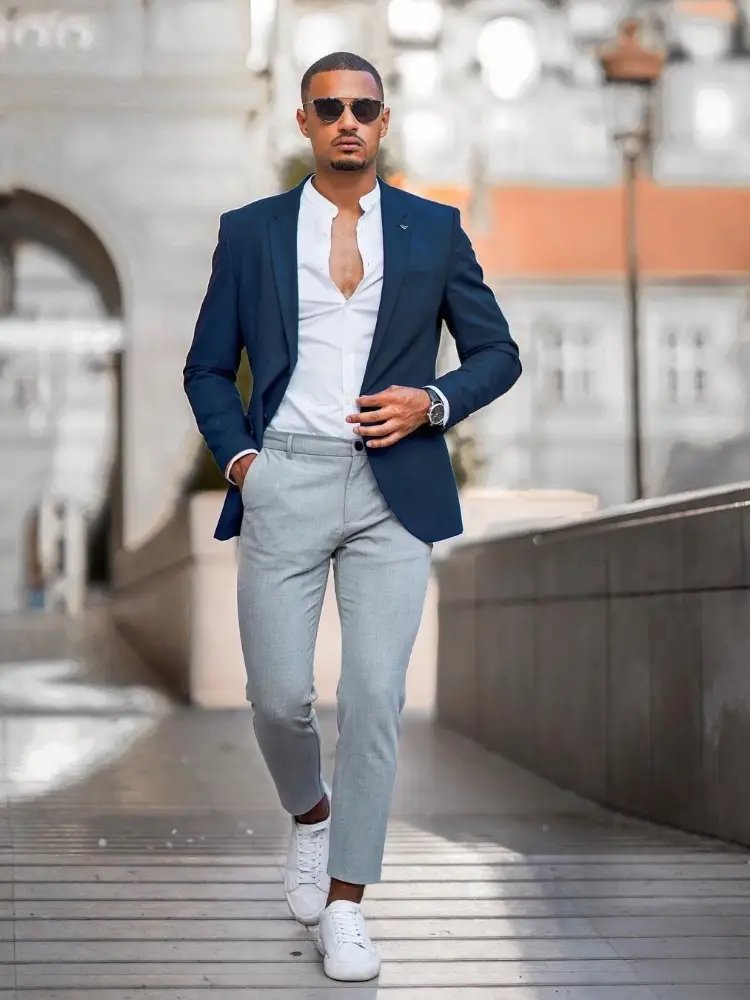 Navy Blue Blazer with White Shirt and Steel Grey Pants 