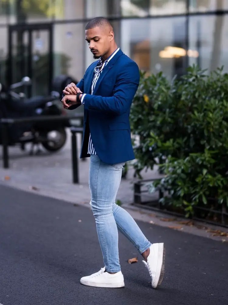 Navy Blue Blazer with Striped Shirt and Blue Jeans