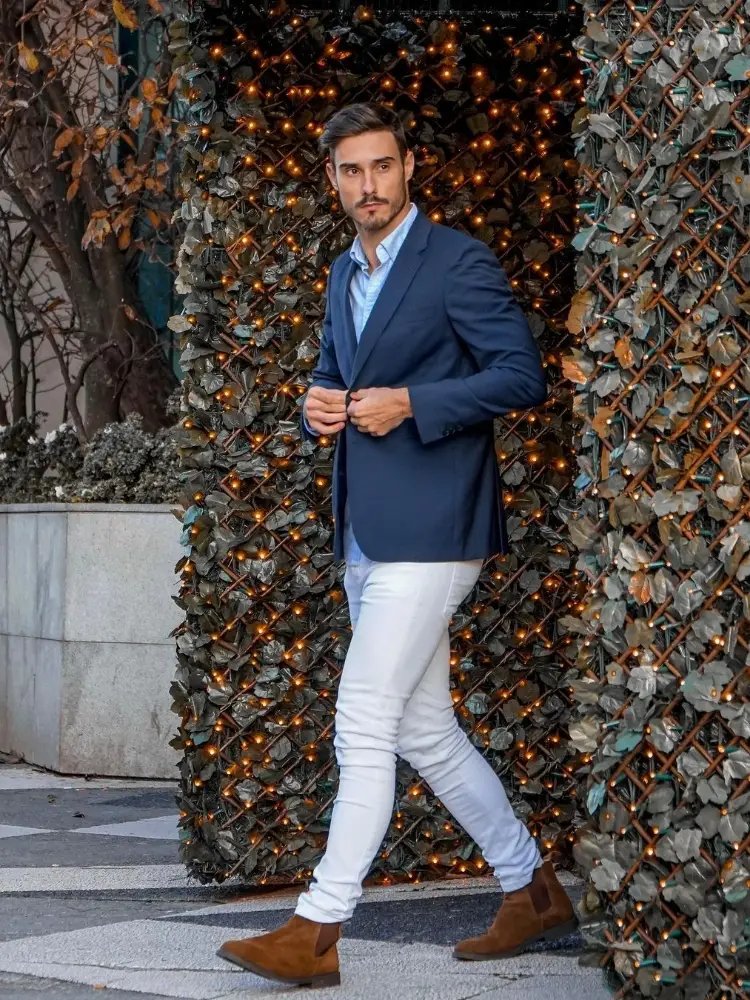 Navy Blue Blazer with Light Blue Shirt and White Pants 