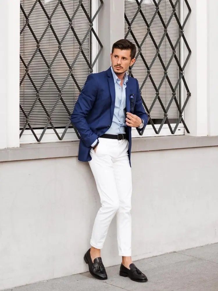 Navy Blue Blazer with Light Blue Shirt and White Pants 