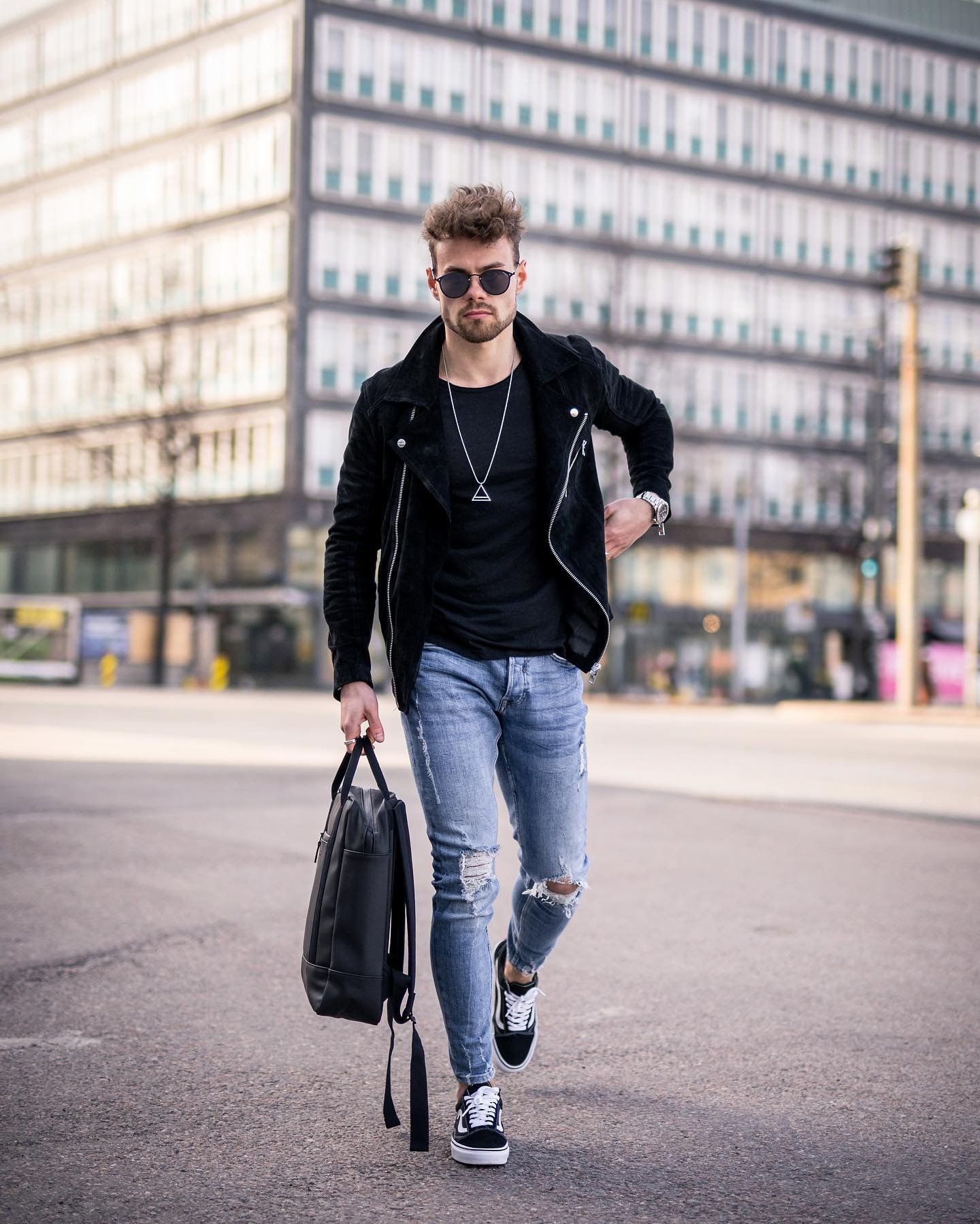 Leather Jacket + Crewneck T-shirt