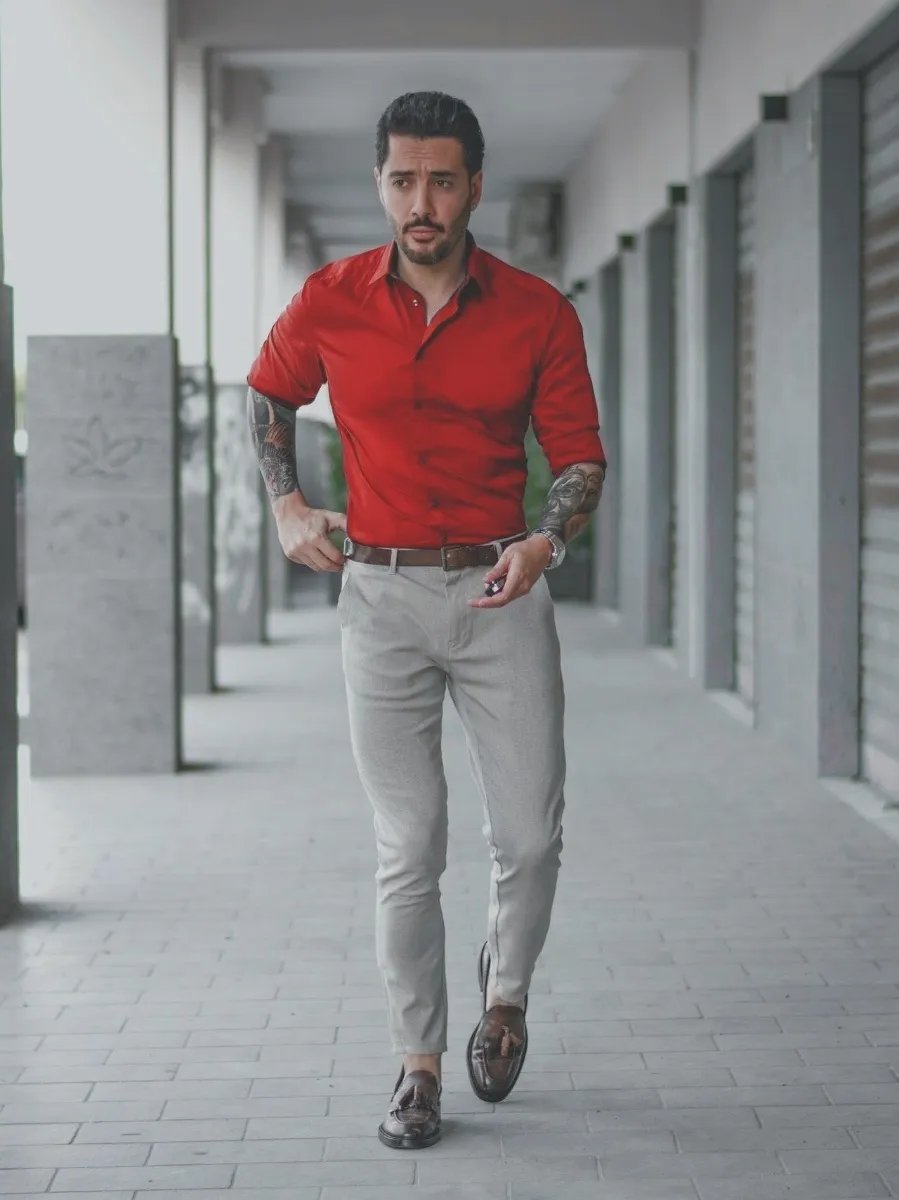 Red shirt with grey Pants