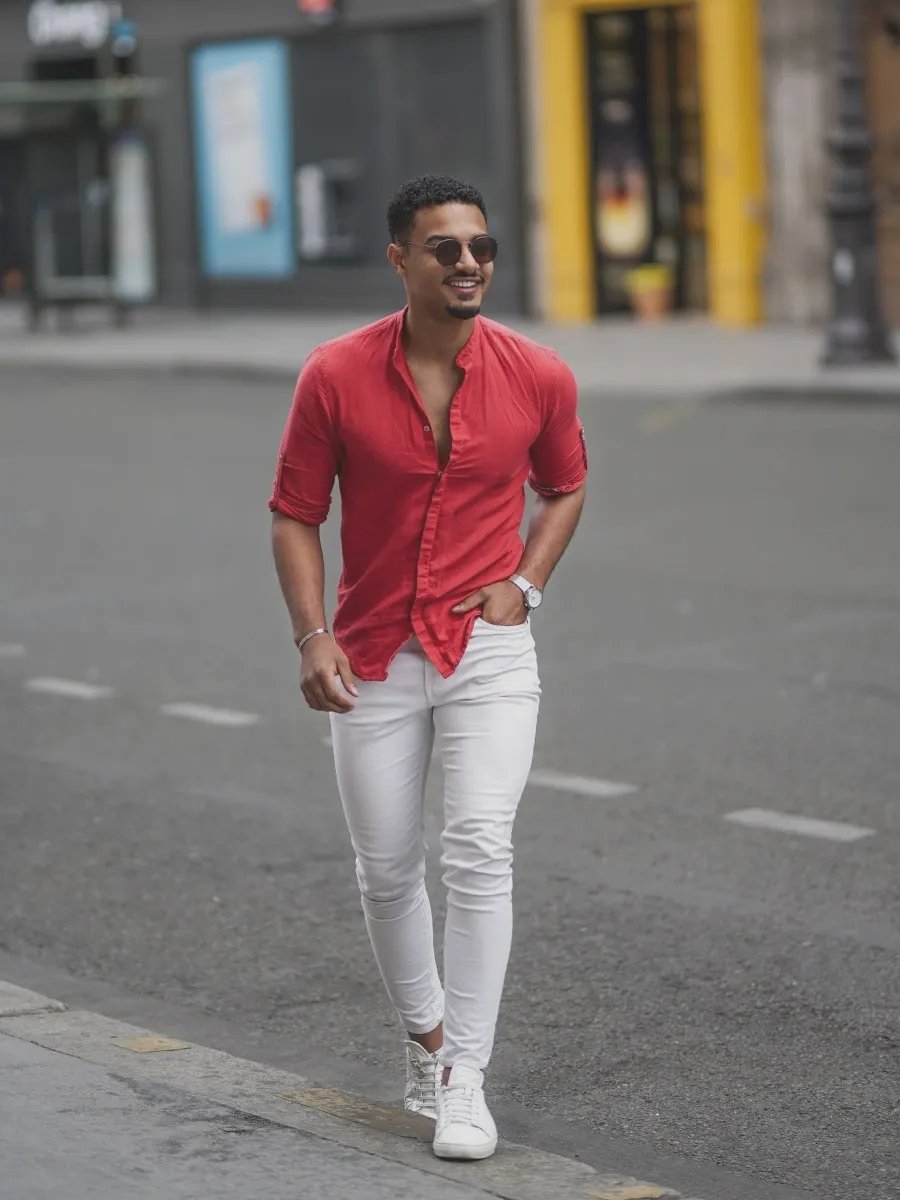 Red shirt with white pants