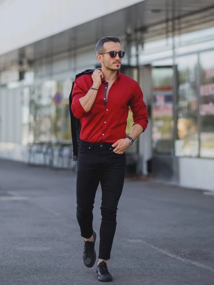 Red shirt with black jeans
