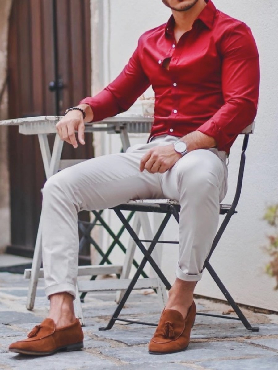 Red shirt with grey Pants
