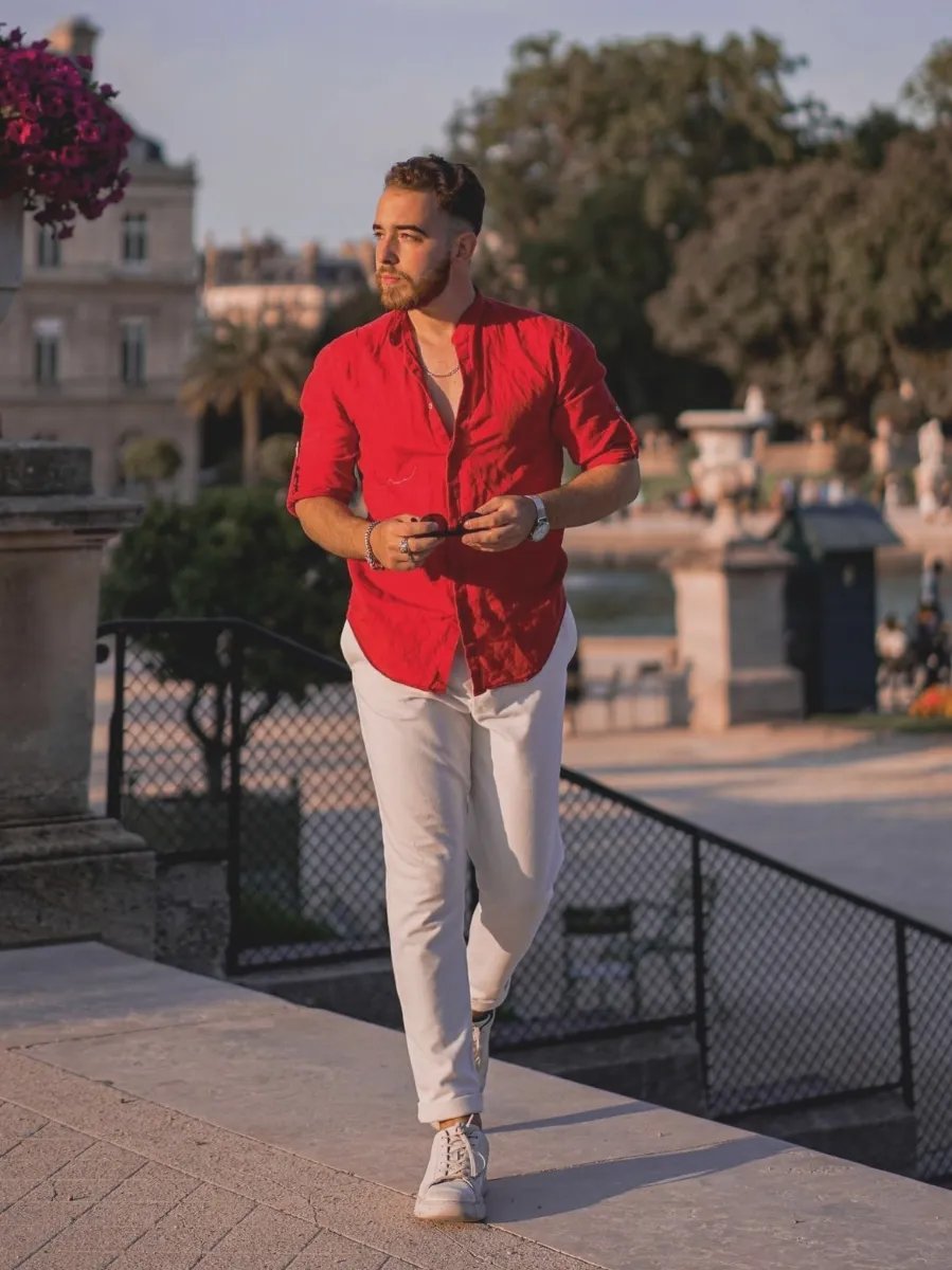 Red shirt with white pants