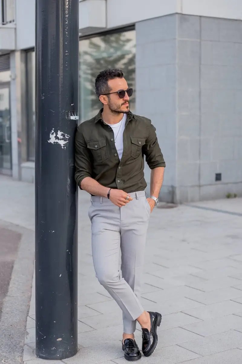 Green Shirt with steel Grey Pants