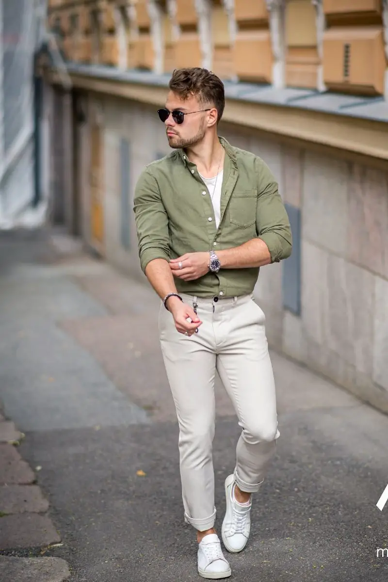 Green Shirt with light Grey Pants