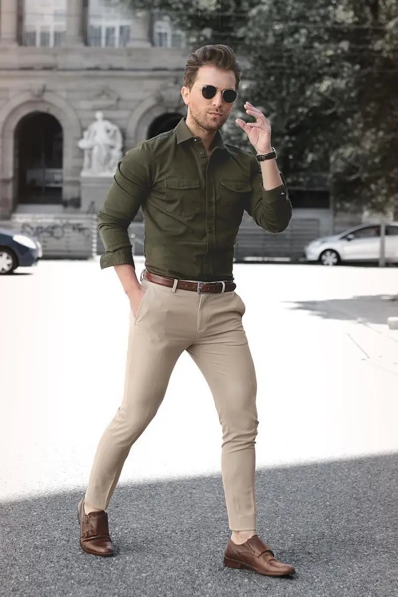 Green Shirt with khaki pants