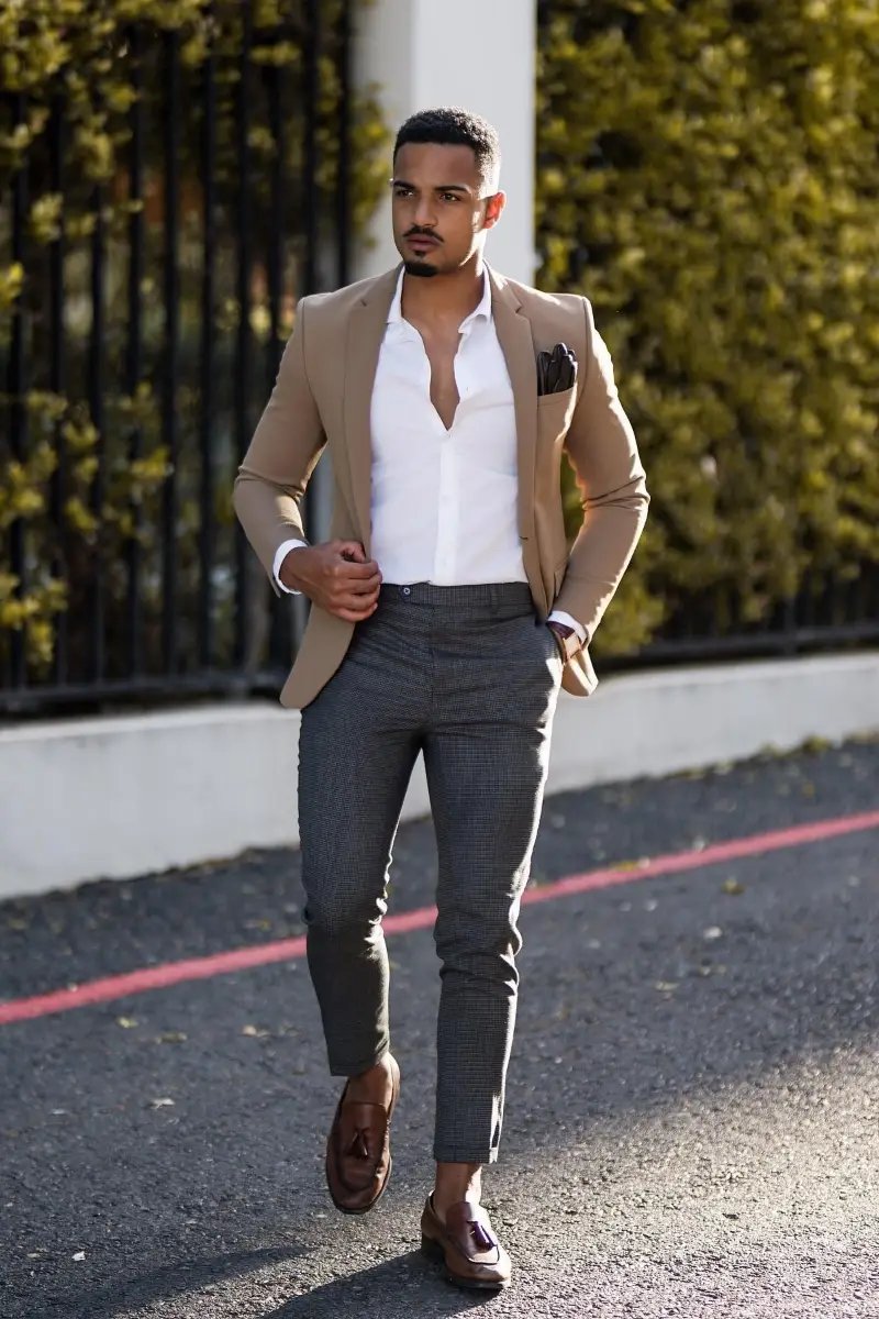 White Shirt, Grey Trousers, and Beige Blazers