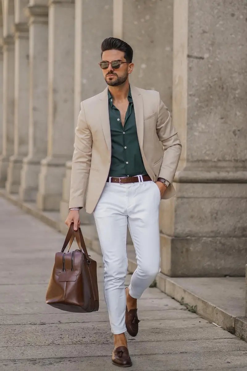 Other Color Shirt, White Jeans, and Beige Blazers