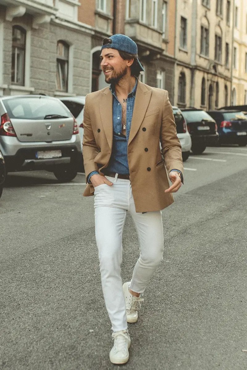 Other Color Shirt, White Jeans, and Beige Blazers