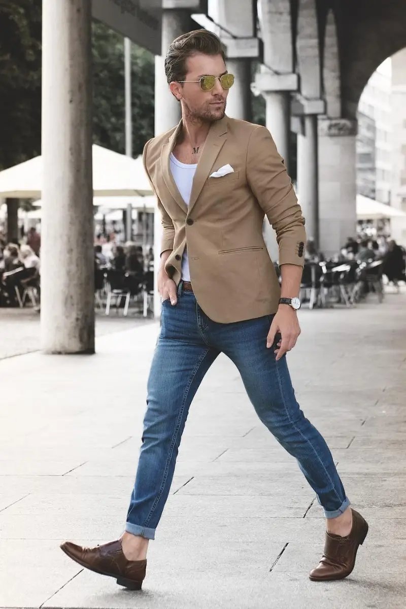 camel color blazer combination