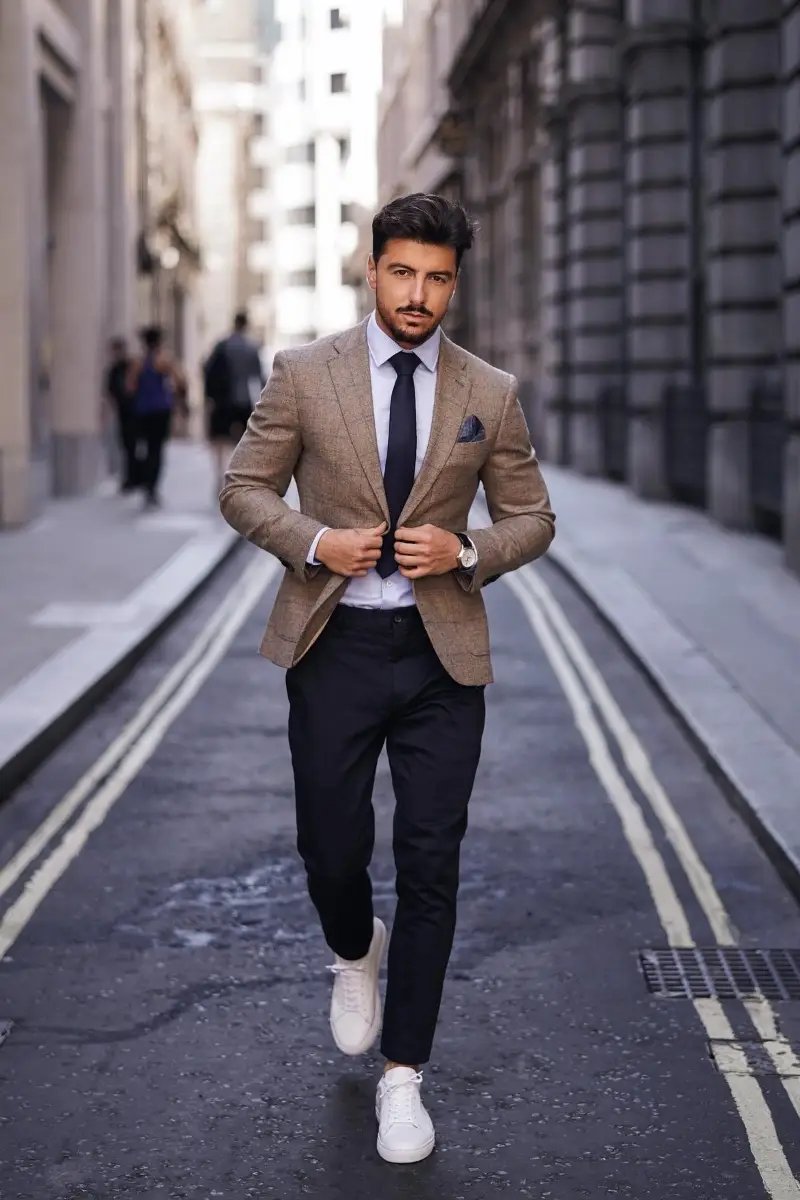 Blue Seersucker one button Jacket & beige checked Trousers | Hockerty