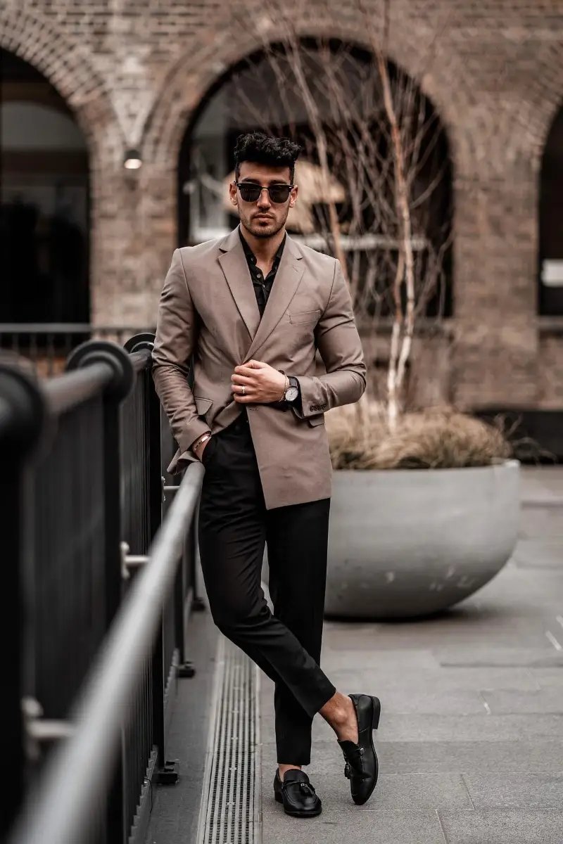 Beige Blazer With Black Shirt Pant And Brown Pants Tan Shirt Grey