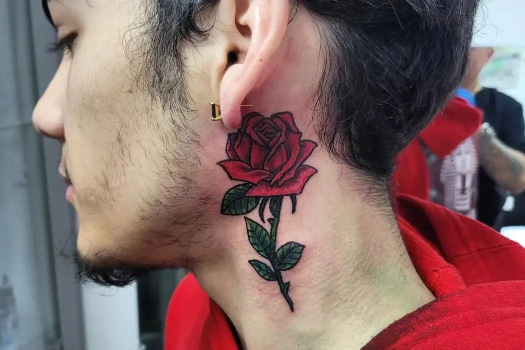 Colorful rose tattoo deisgn on neck