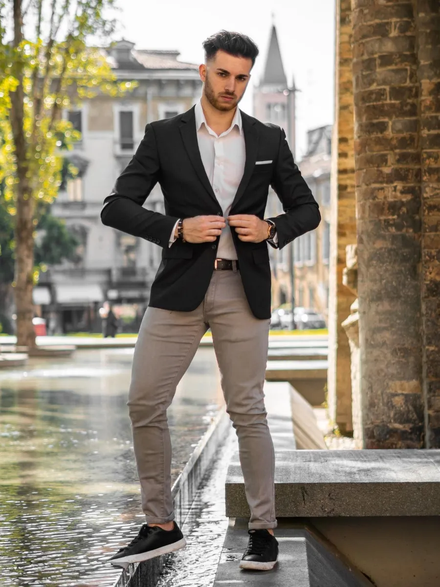 Black Blazer with White Shirt and Biege Pants

