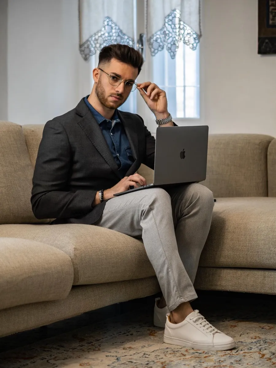 Black Blazer with Blue Shirt and Grey Pants

