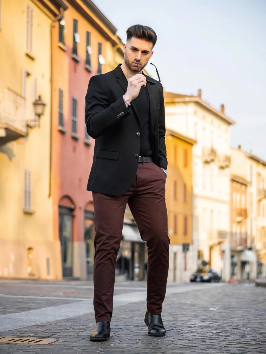 Black Blazer with Black Shirt and Brown Pants