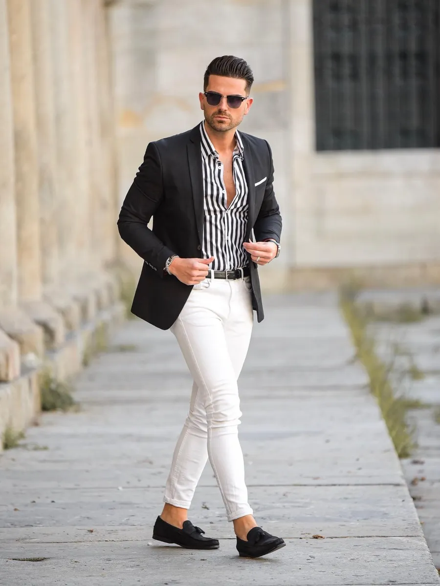 black blazer with white pants