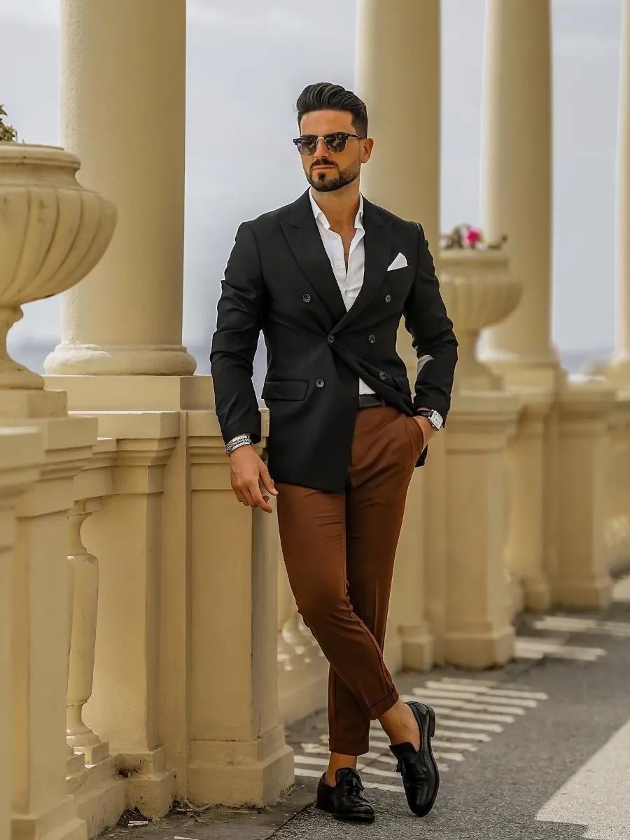 Black Blazer with White Shirt and Brown Pants