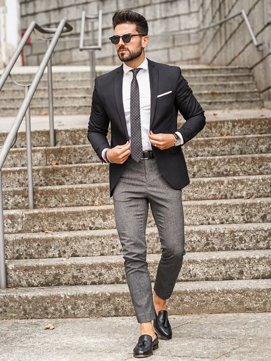 White shirt, gray pants, and black blazer combination